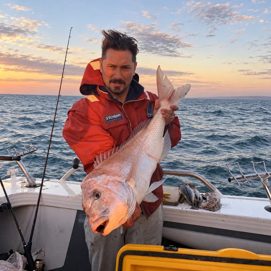 An angler with a big Snapper on the bay at sunrise