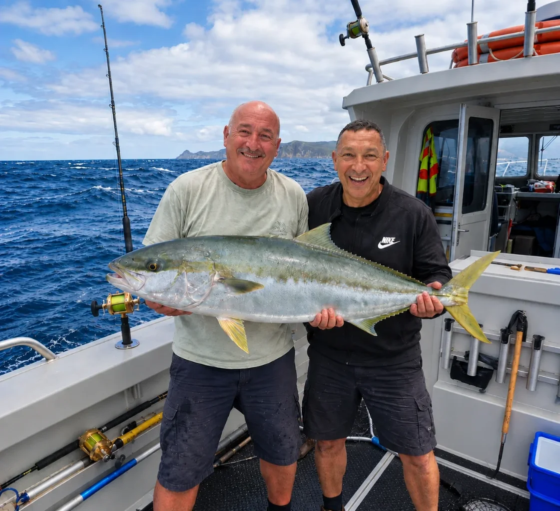 Anglers holding a Yellowtail Kingfish